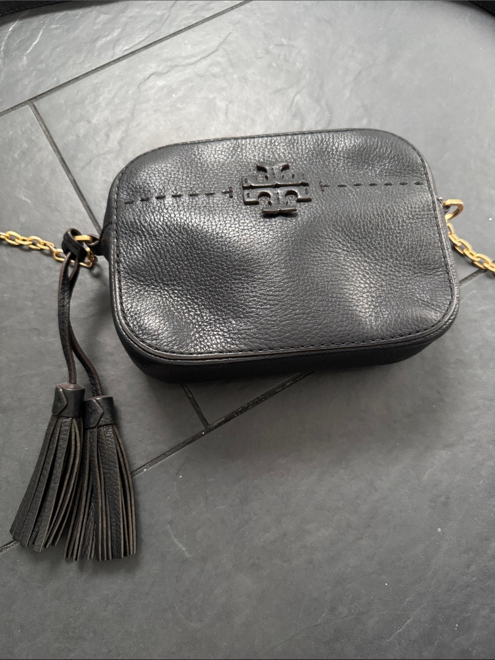 Tory Burch Black Pebbled Leather Crossbody with Tassel and Gold Chain